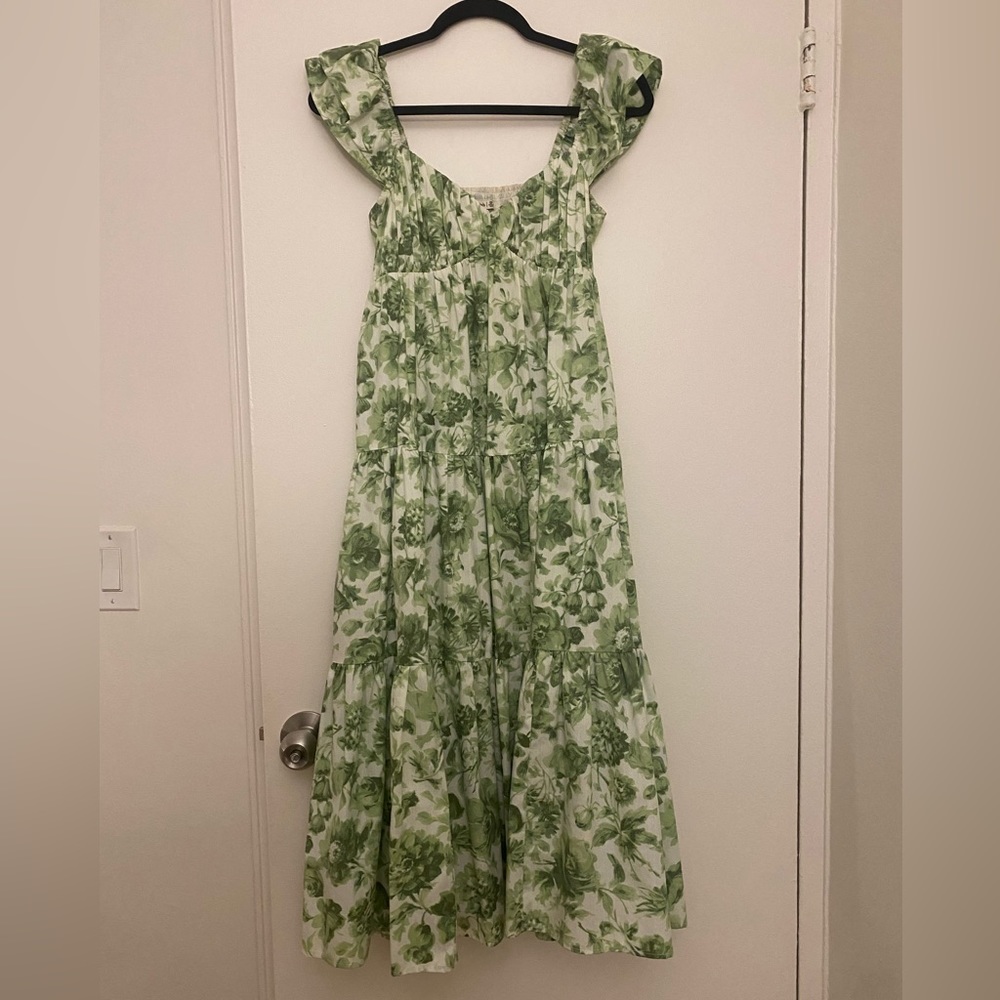 Green and white floral midi dress